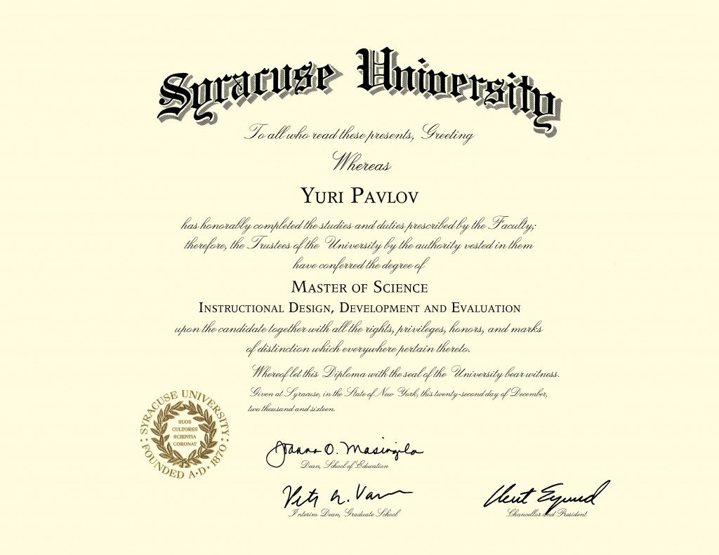 Syracuse University diploma Yuri Pavlov